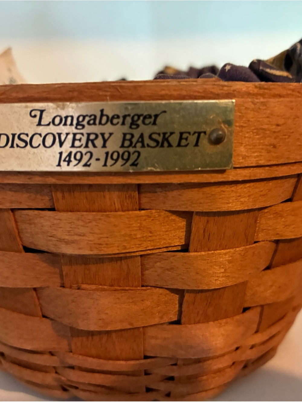 Longaberger Brown Woven Discovery Basket with Brass Plaque